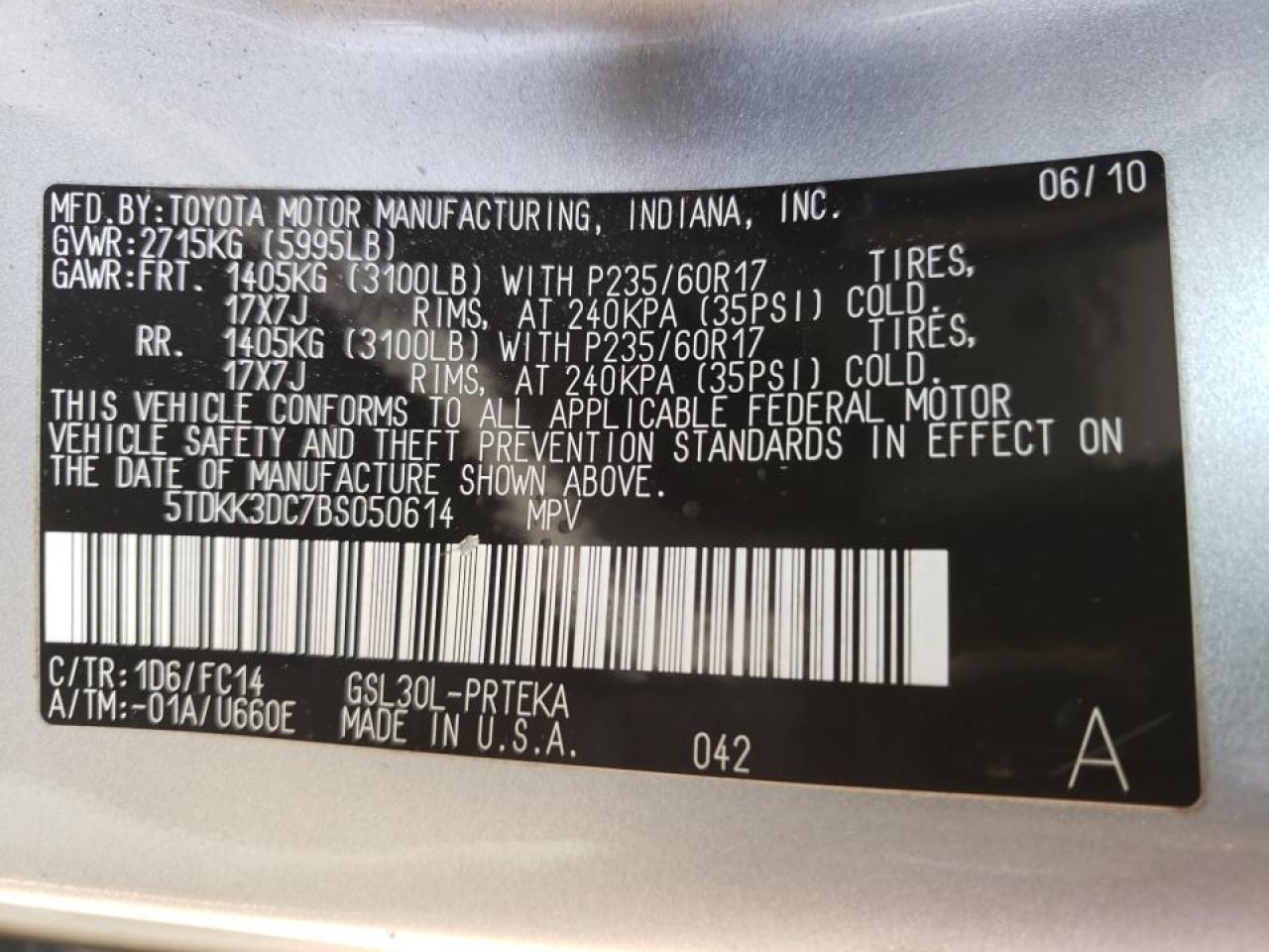 Photo 10 from auction – 2011 TOYOTA SIENNA LE with VIN 5TDKK3DC7BS050614