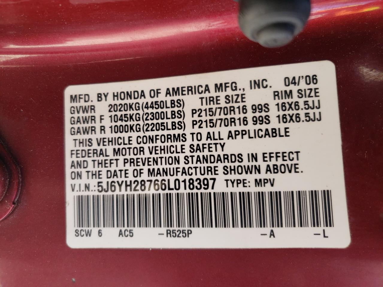 Photo 10 from auction – 2006 HONDA ELEMENT EX with VIN 5J6YH28766L018397