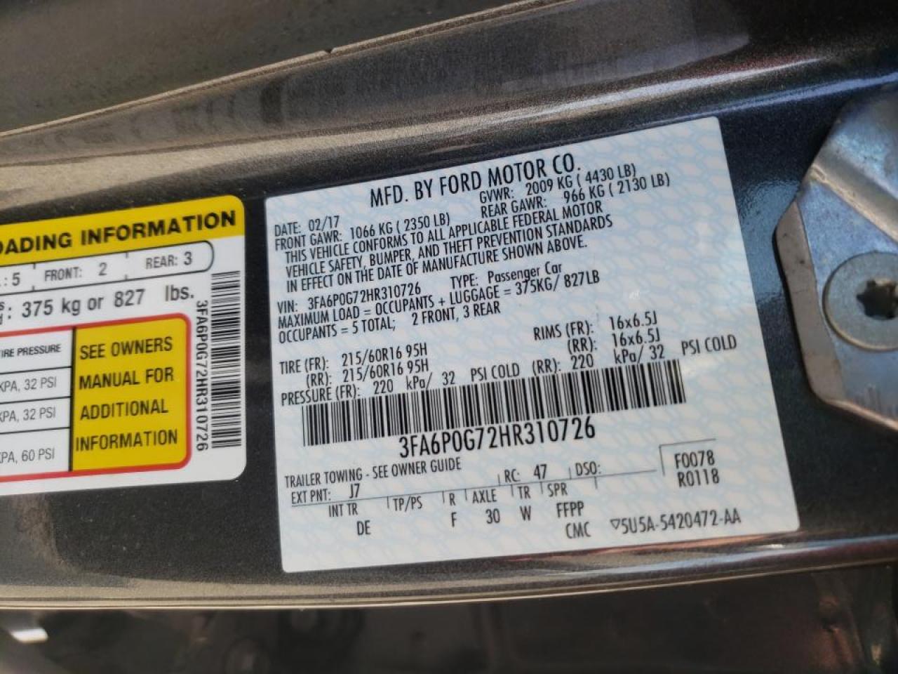 Photo 10 from auction – 2017 FORD FUSION S with VIN 3FA6P0G72HR310726