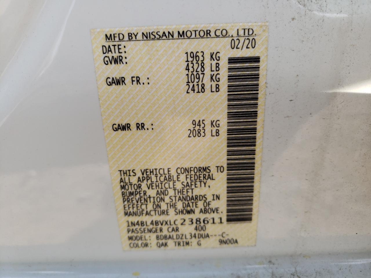 Photo 10 from auction – 2020 NISSAN ALTIMA S with VIN 1N4BL4BVXLC238611