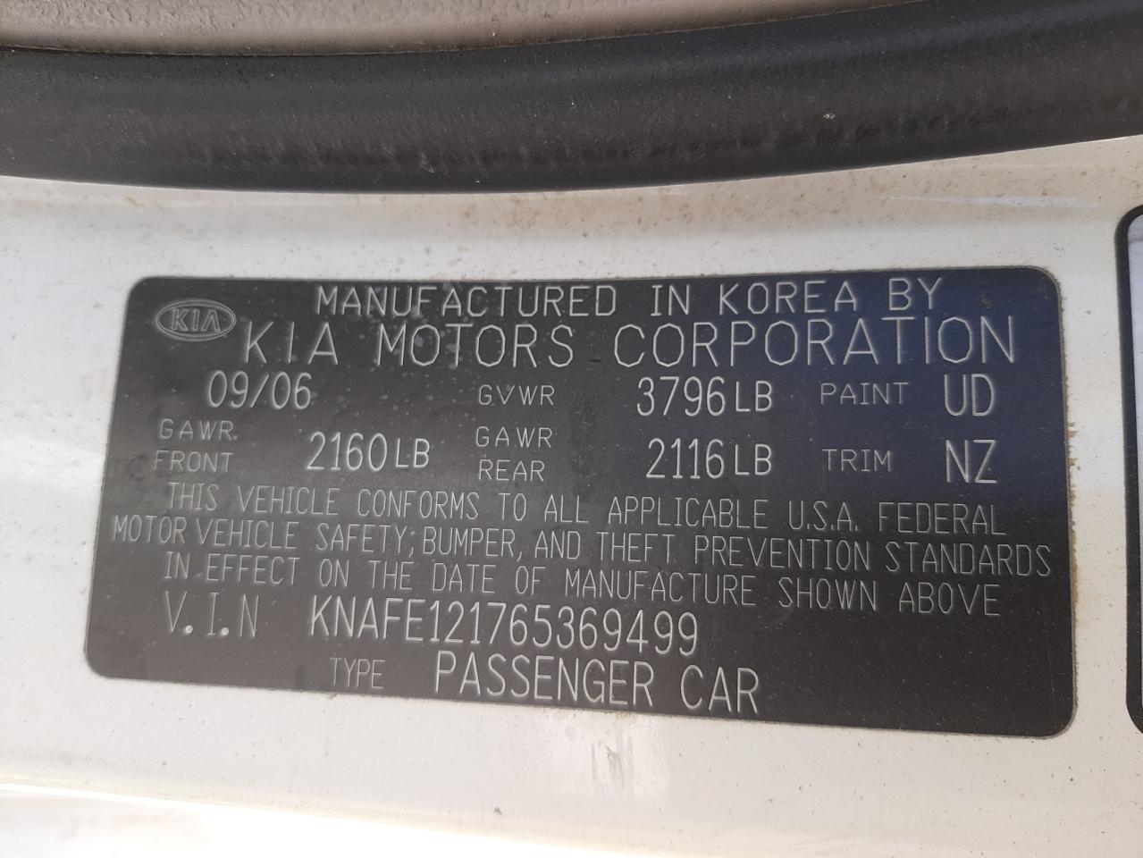 Photo 10 from auction – 2006 KIA SPECTRA LX with VIN KNAFE121765369499