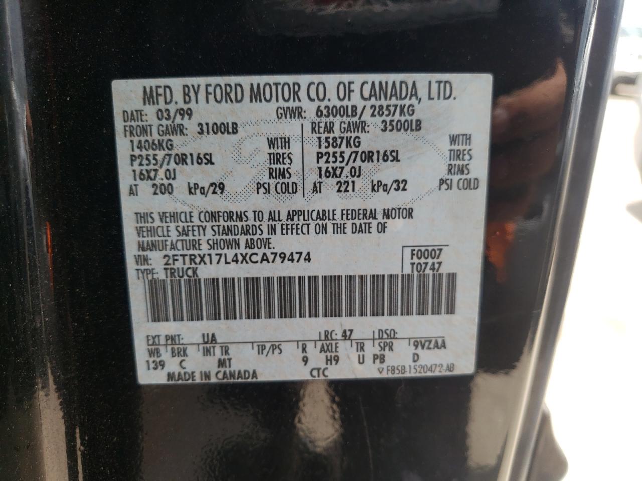 Photo 10 from auction – 1999 FORD F150 with VIN 2FTRX17L4XCA79474