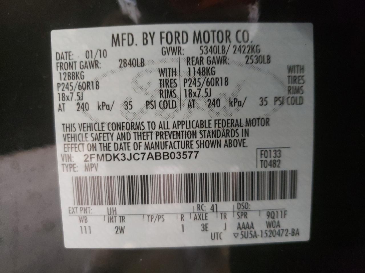 Photo 10 from auction – 2010 FORD EDGE SEL with VIN 2FMDK3JC7ABB03577