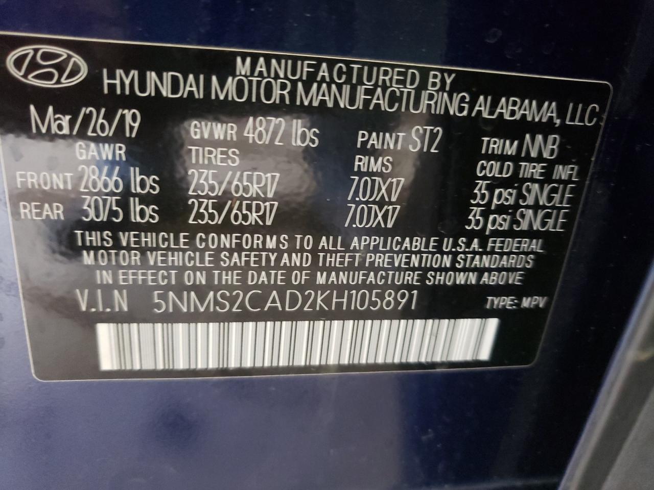 Photo 10 from auction – 2019 HYUNDAI SANTA FE S with VIN 5NMS2CAD2KH105891