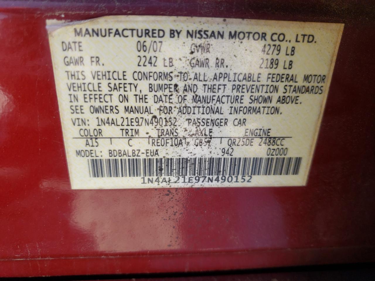 Photo 10 from auction – 2007 NISSAN ALTIMA 2.5 with VIN 1N4AL21E97N490152