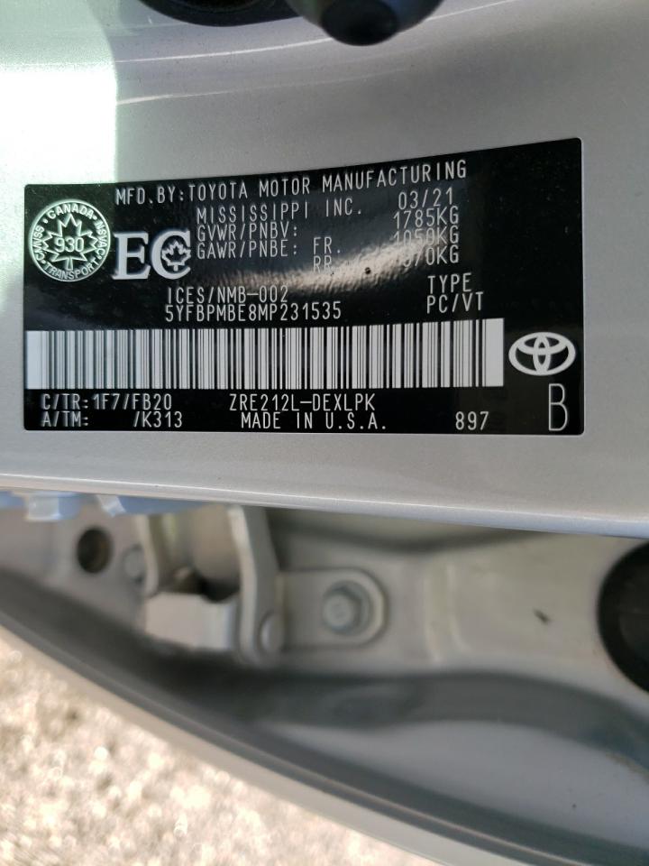 Photo 10 from auction – 2021 TOYOTA COROLLA LE with VIN 5YFBPMBE8MP231535