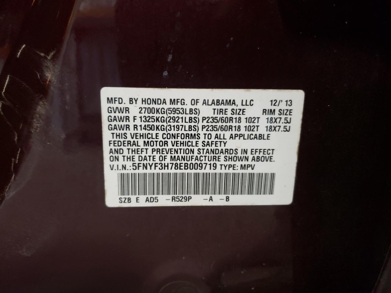 Photo 10 from auction – 2014 HONDA PILOT EXLN with VIN 5FNYF3H78EB009719