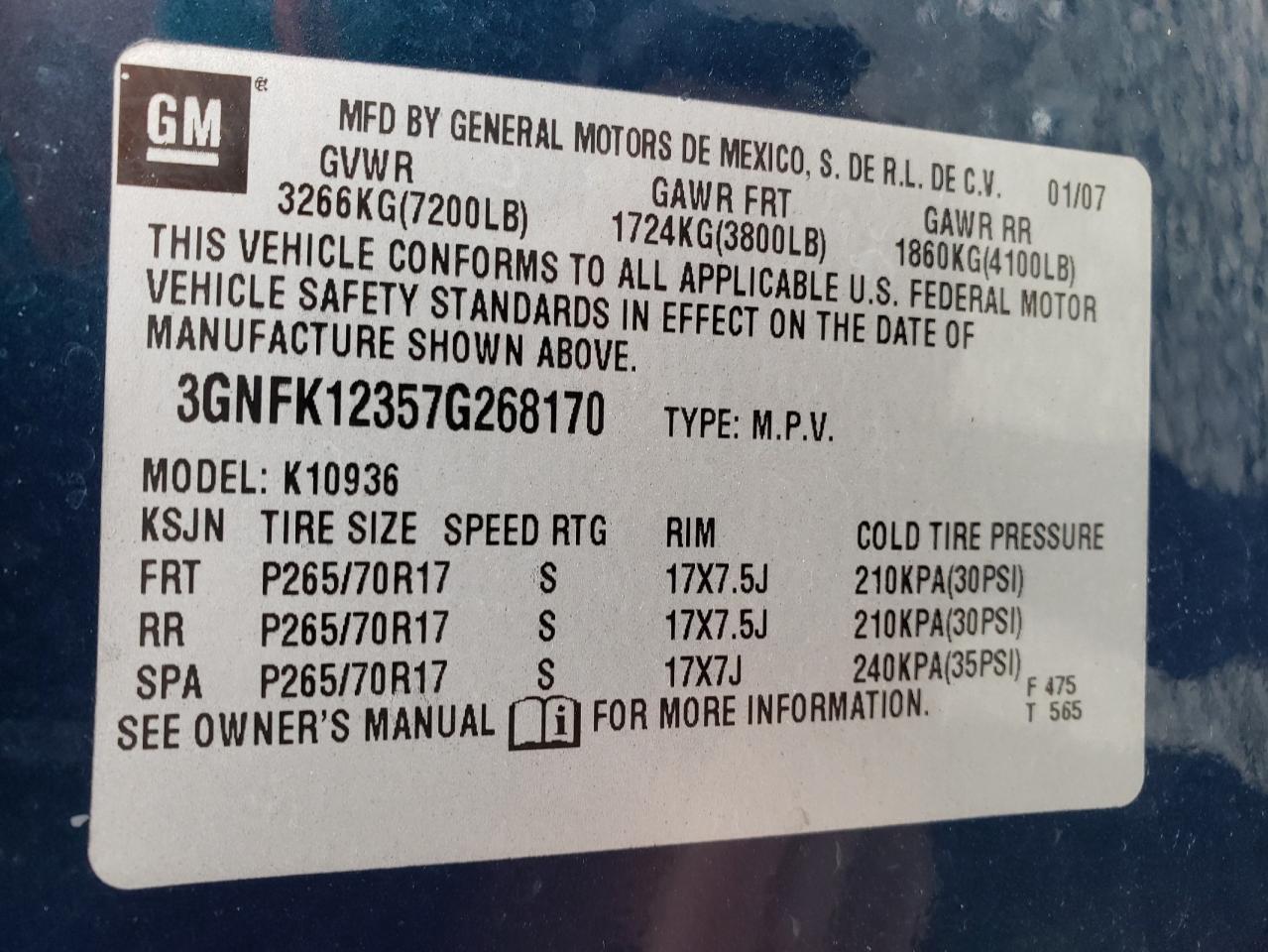 Photo 10 from auction – 2007 CHEVROLET AVALANCHE with VIN 3GNFK12357G268170