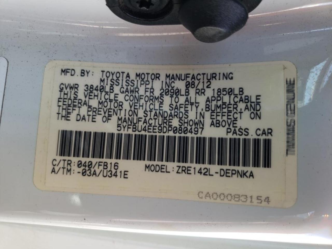 Photo 10 from auction – 2013 TOYOTA COROLLA BA with VIN 5YFBU4EE9DP080497