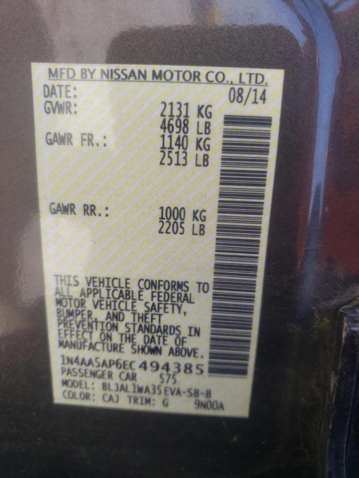 Photo 10 from auction – 2014 NISSAN MAXIMA S with VIN 1N4AA5AP6EC494385