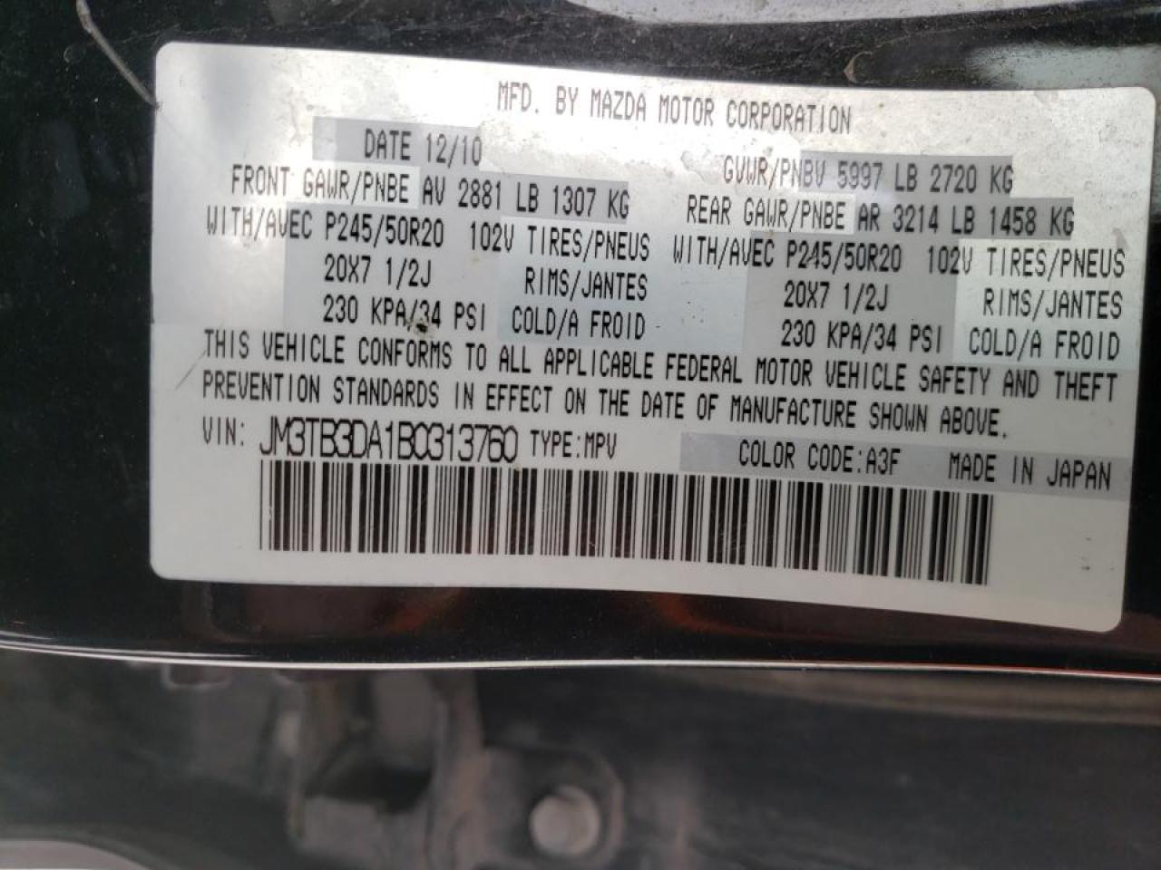 Photo 10 from auction – 2011 MAZDA CX-9 with VIN JM3TB3DA1B0313760
