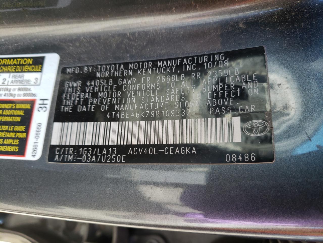 Photo 10 from auction – 2009 TOYOTA CAMRY BASE with VIN 4T4BE46K79R109332