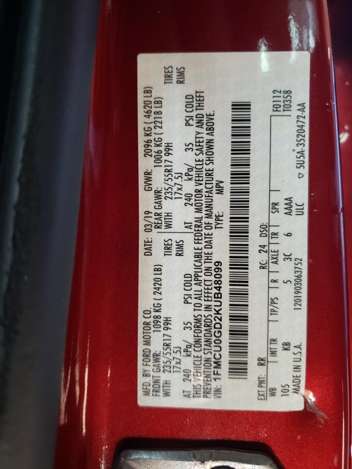 Photo 10 from auction – 2019 FORD ESCAPE SE with VIN 1FMCU0GD2KUB48099