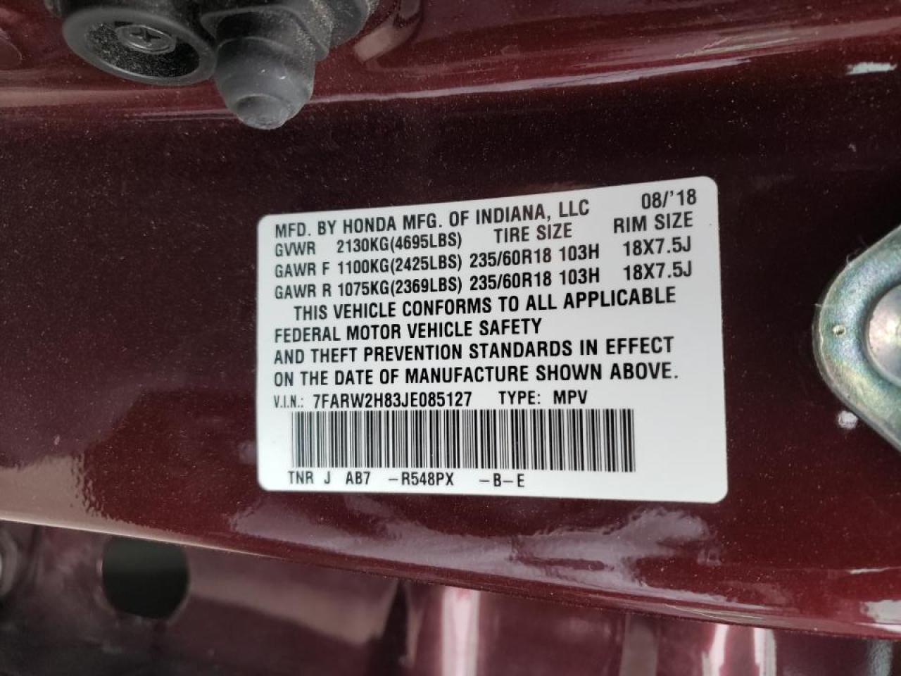 Photo 10 from auction – 2018 HONDA CR-V EXL with VIN 7FARW2H83JE085127