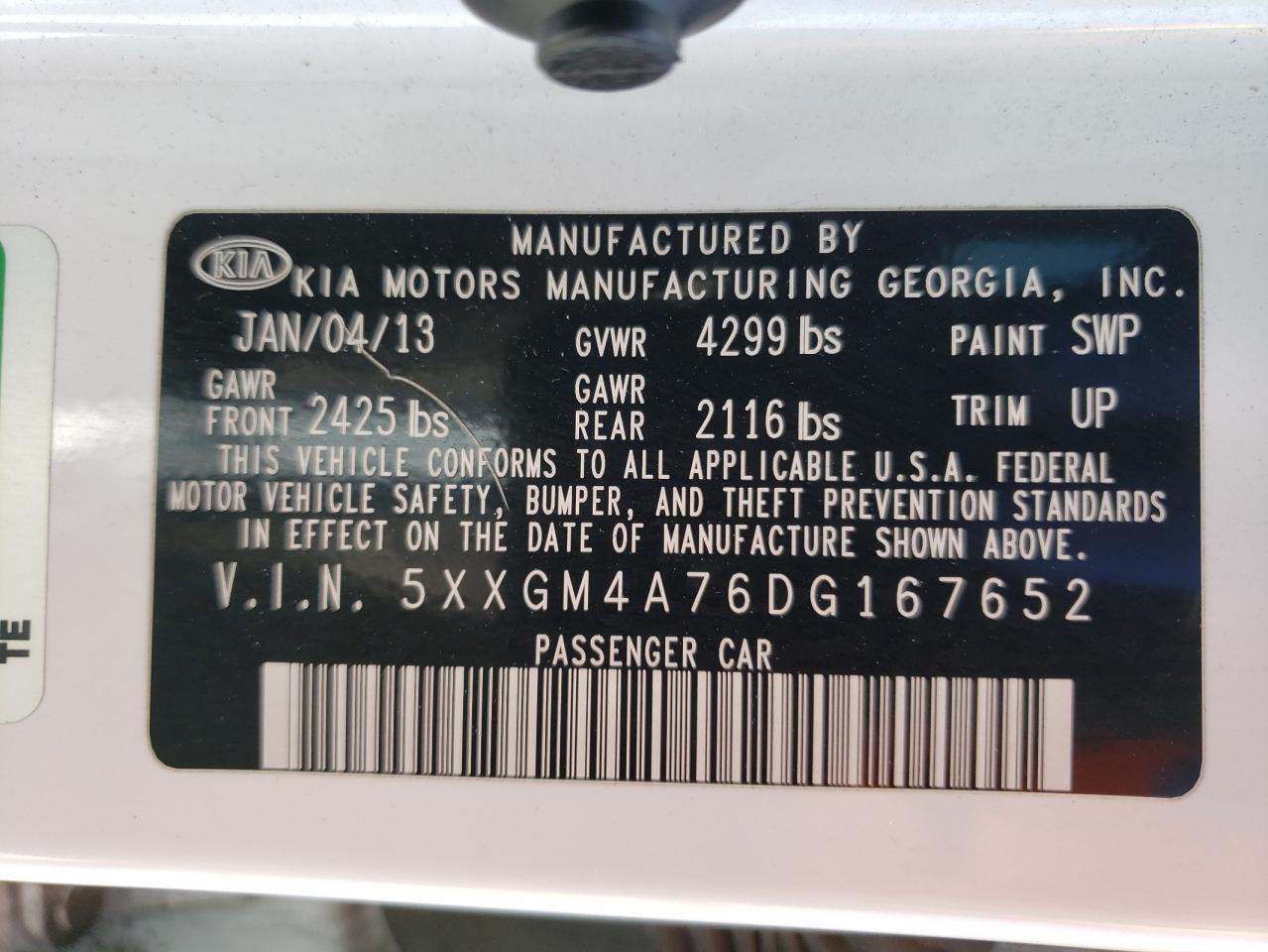 Photo 10 from auction – 2013 KIA OPTIMA LX with VIN 5XXGM4A76DG167652