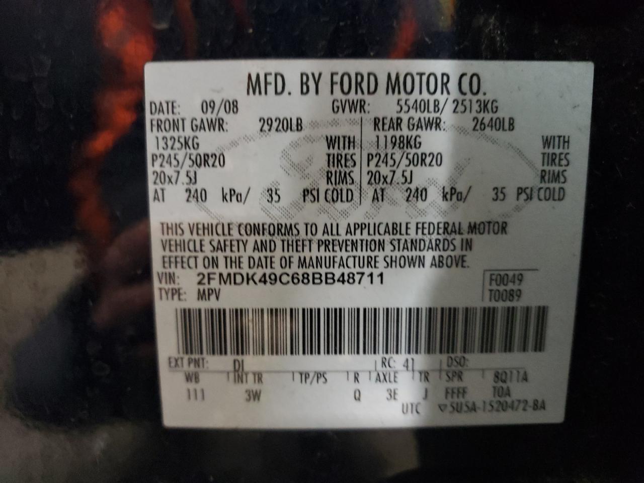 Photo 10 from auction – 2008 FORD EDGE LIMIT with VIN 2FMDK49C68BB48711