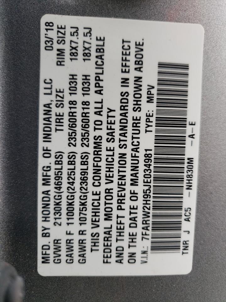 Photo 10 from auction – 2018 HONDA CR-V TOURI with VIN 7FARW2H95JE034981
