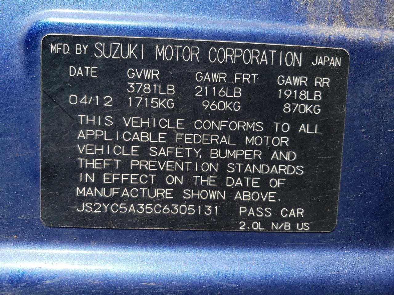 Photo 10 from auction – 2012 SUZUKI SX4 LE with VIN JS2YC5A35C6305131