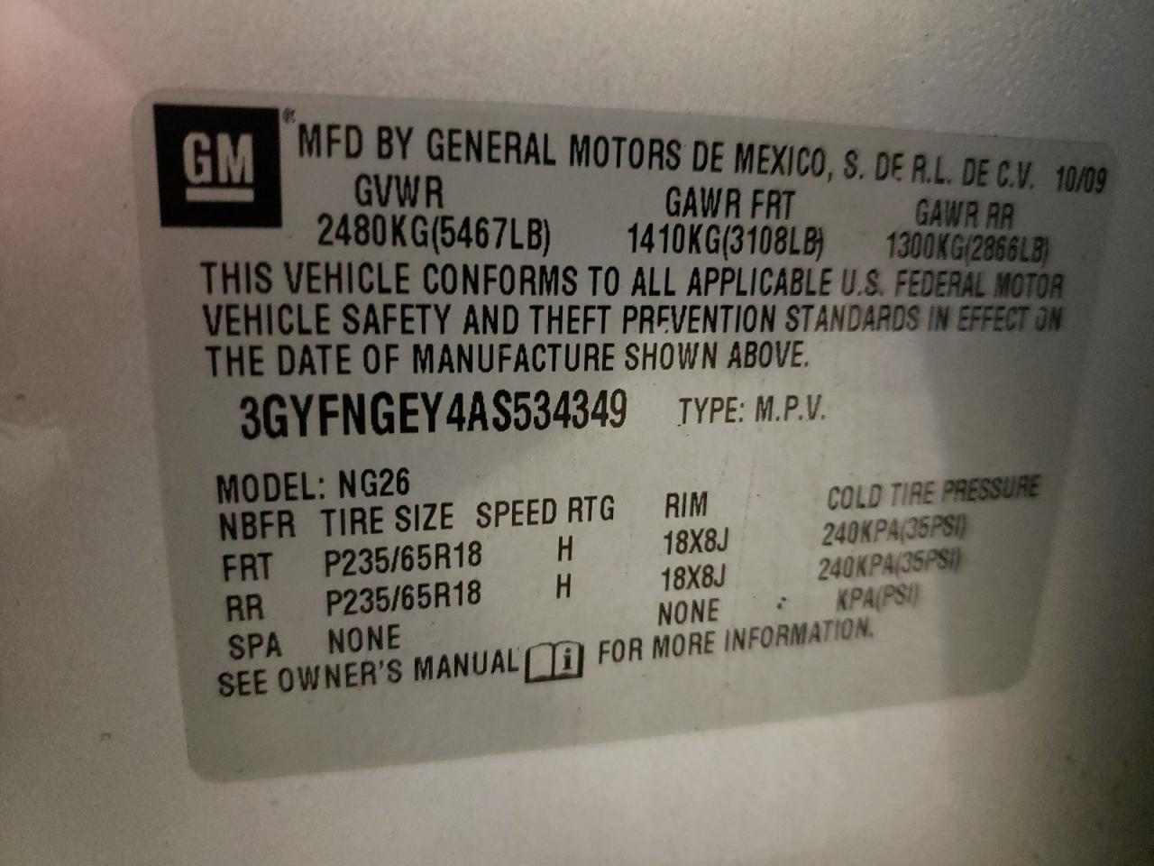 Photo 10 from auction – 2010 CADILLAC SRX with VIN 3GYFNGEY4AS534349