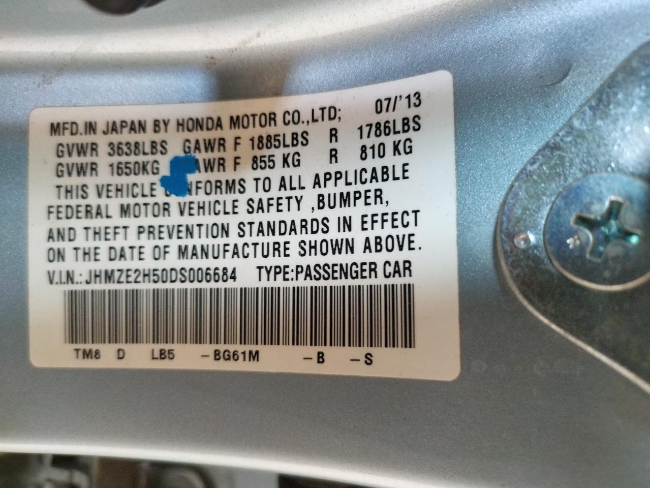 Photo 10 from auction – 2013 HONDA INSIGHT LX with VIN JHMZE2H50DS006684