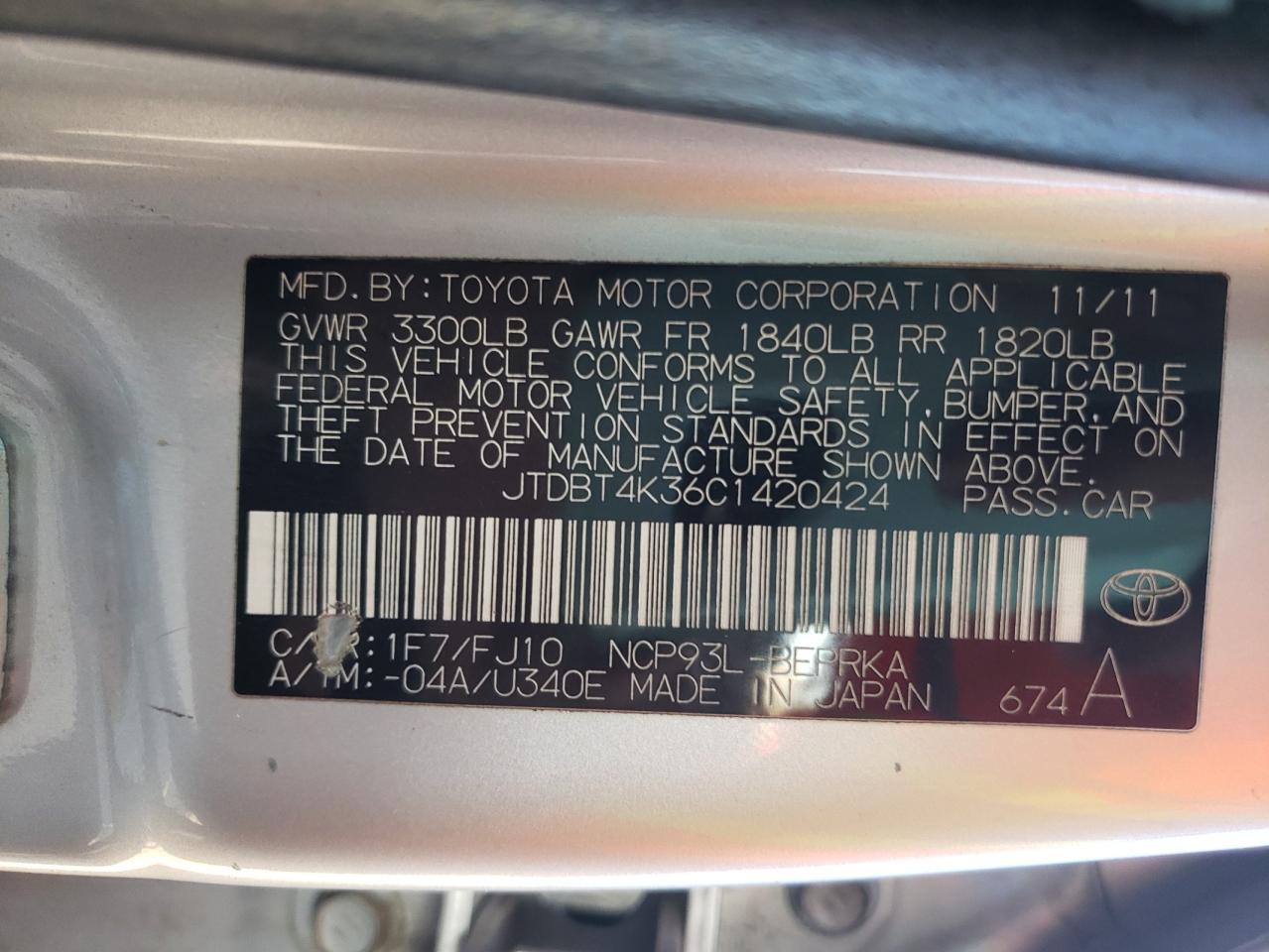 Photo 10 from auction – 2012 TOYOTA YARIS with VIN JTDBT4K36C1420424
