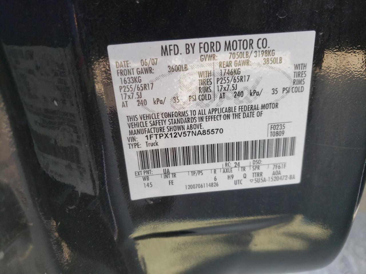 Photo 10 from auction – 2007 FORD F150 with VIN 1FTPX12V57NA85570