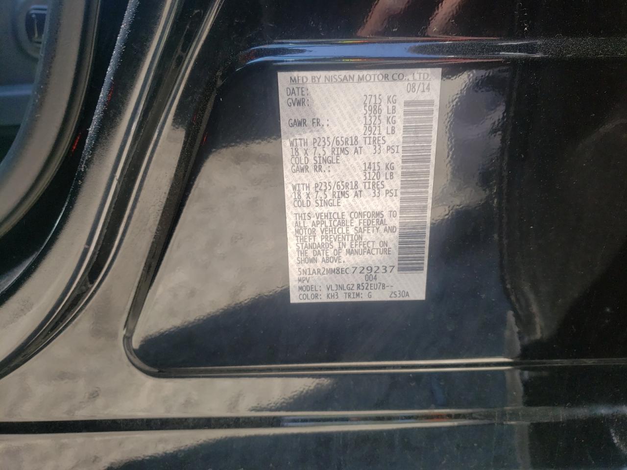 Photo 10 from auction – 2014 NISSAN PATHFINDER with VIN 5N1AR2MM8EC729237
