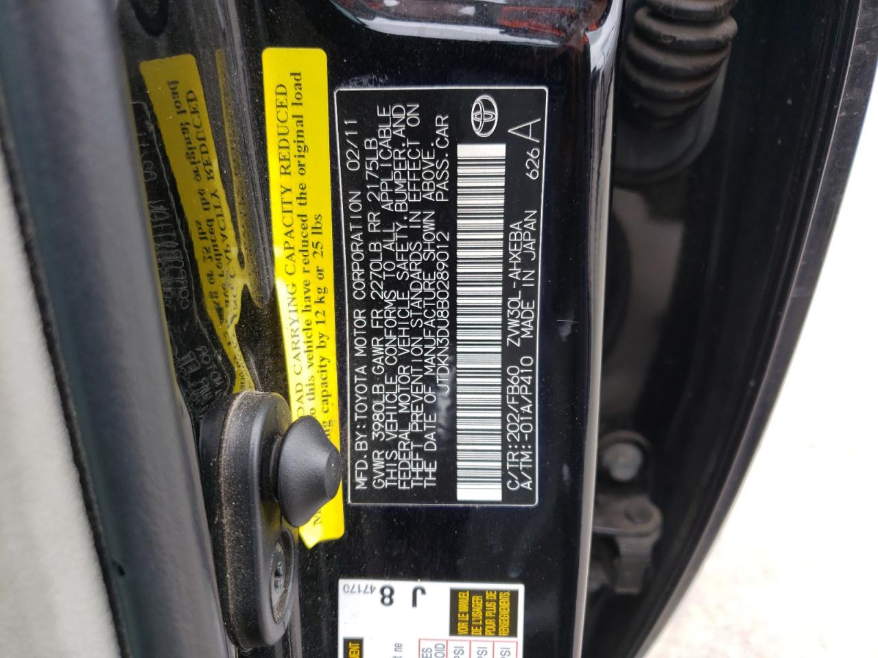 Photo 10 from auction – 2011 TOYOTA PRIUS with VIN JTDKN3DU8B0289012