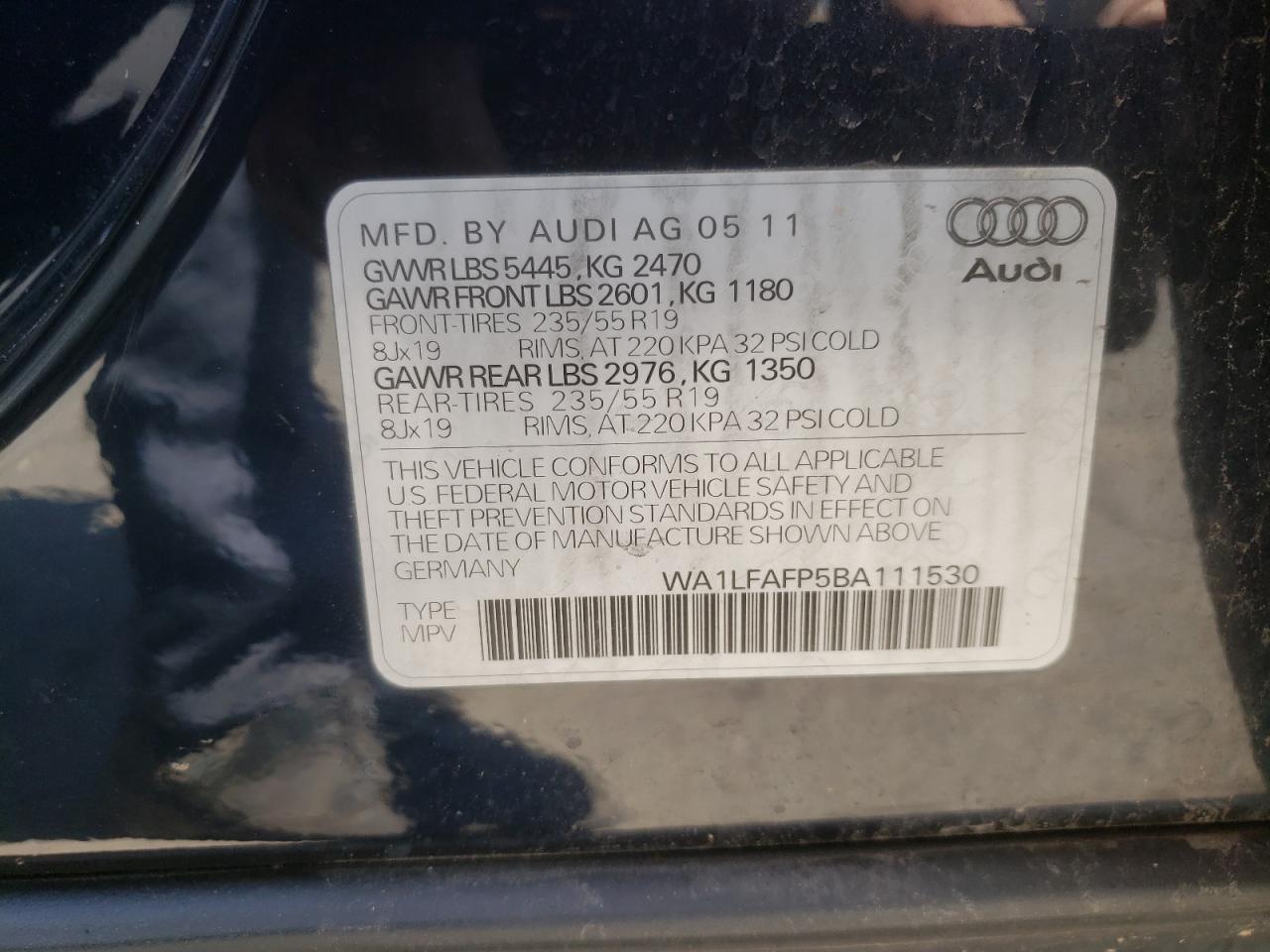 Photo 10 from auction – 2011 AUDI Q5 PREMIUM with VIN WA1LFAFP5BA111530