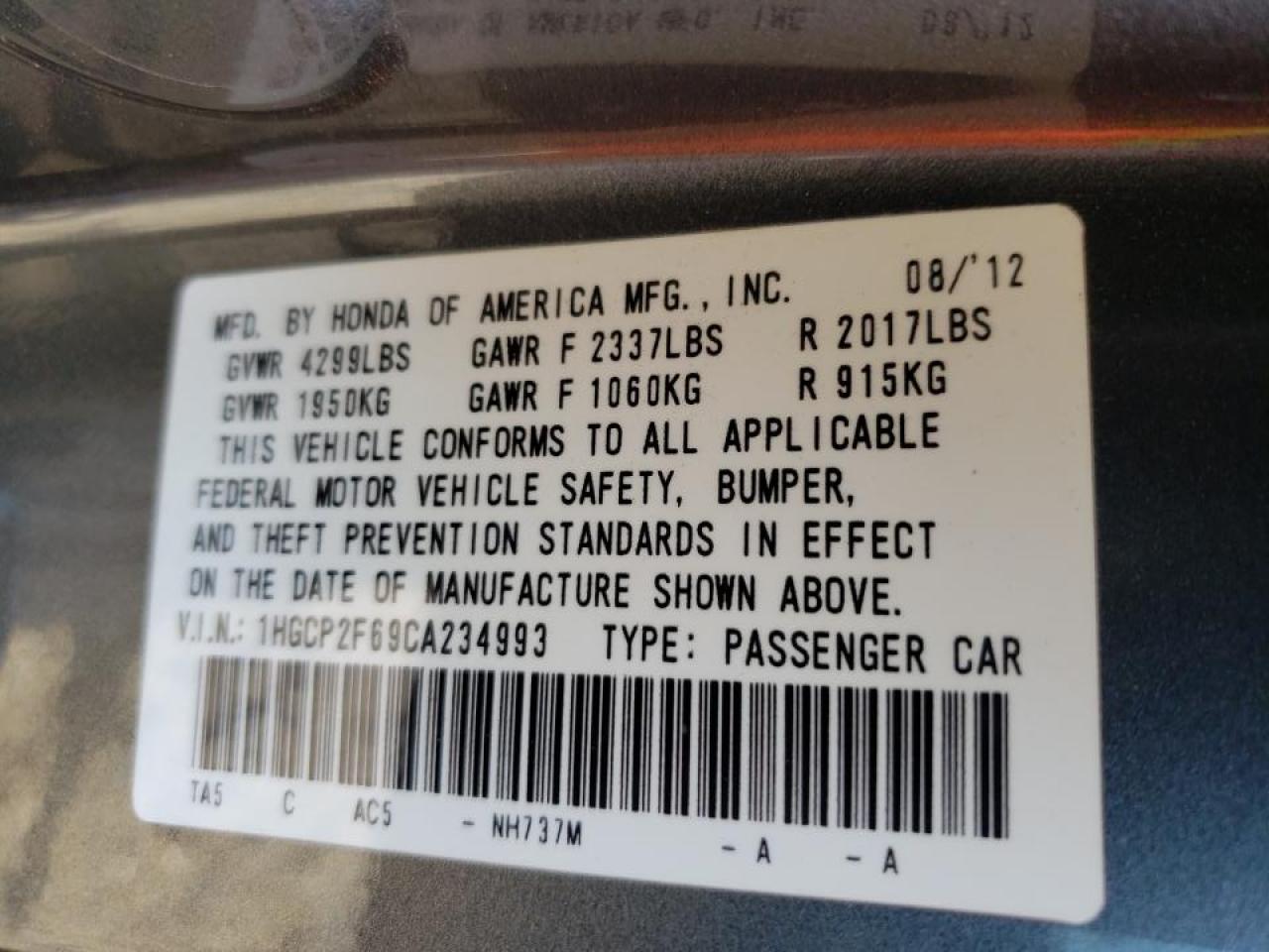 Photo 10 from auction – 2012 HONDA ACCORD SE with VIN 1HGCP2F69CA234993