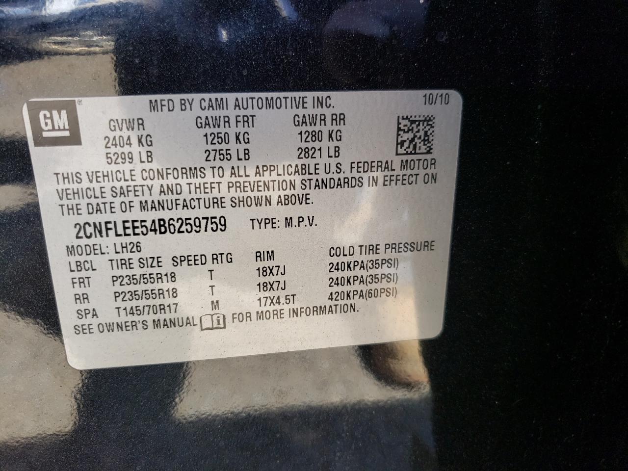 Photo 10 from auction – 2011 CHEVROLET EQUINOX LT with VIN 2CNFLEE54B6259759