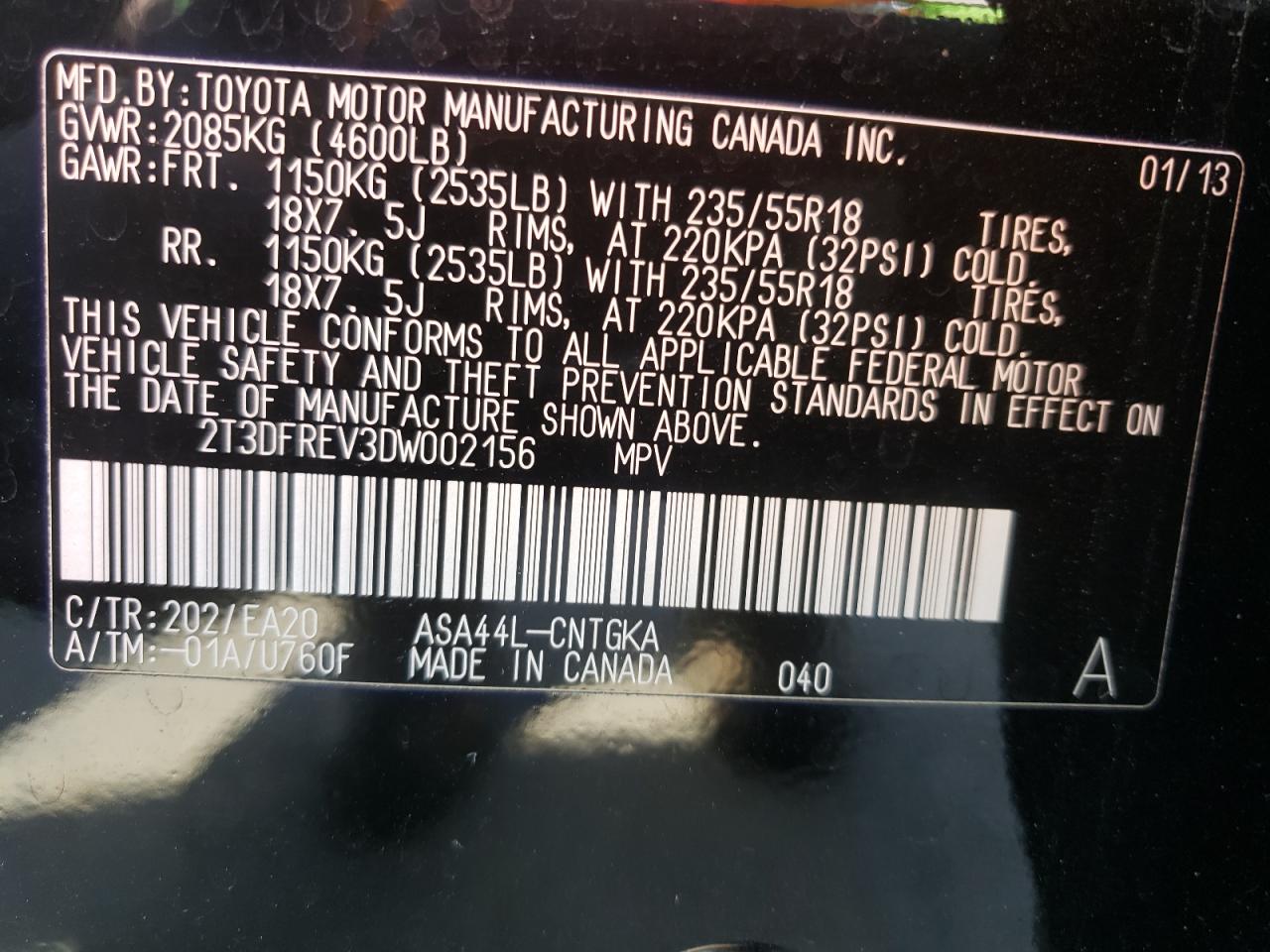 Photo 10 from auction – 2013 TOYOTA RAV4 LIMIT with VIN 2T3DFREV3DW002156