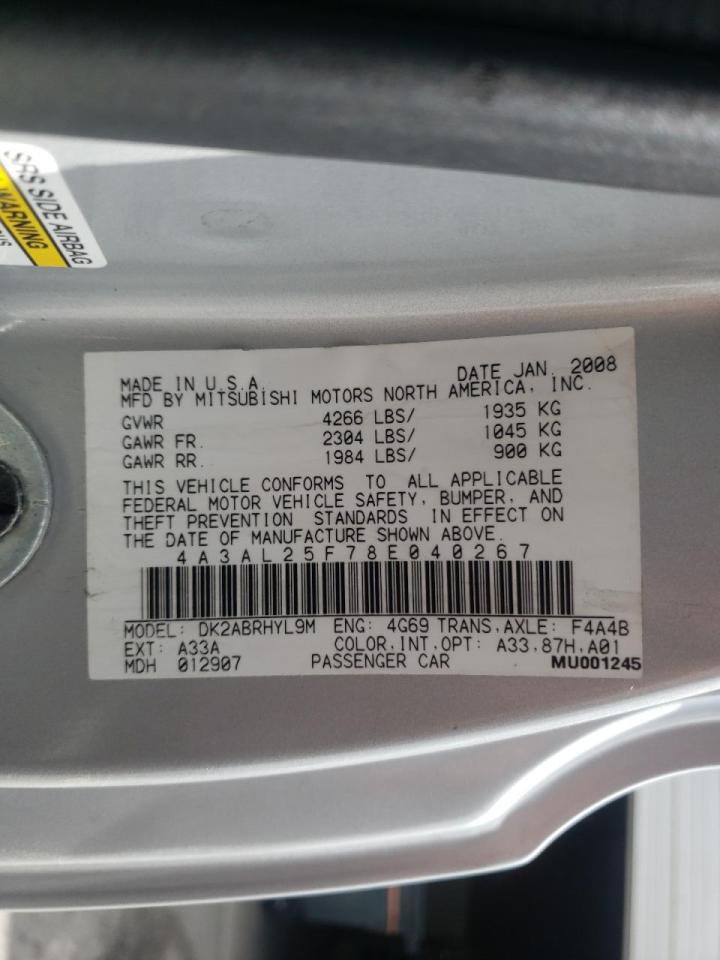 Photo 10 from auction – 2008 MITSUBISHI ECLIPSE SP with VIN 4A3AL25F78E040267