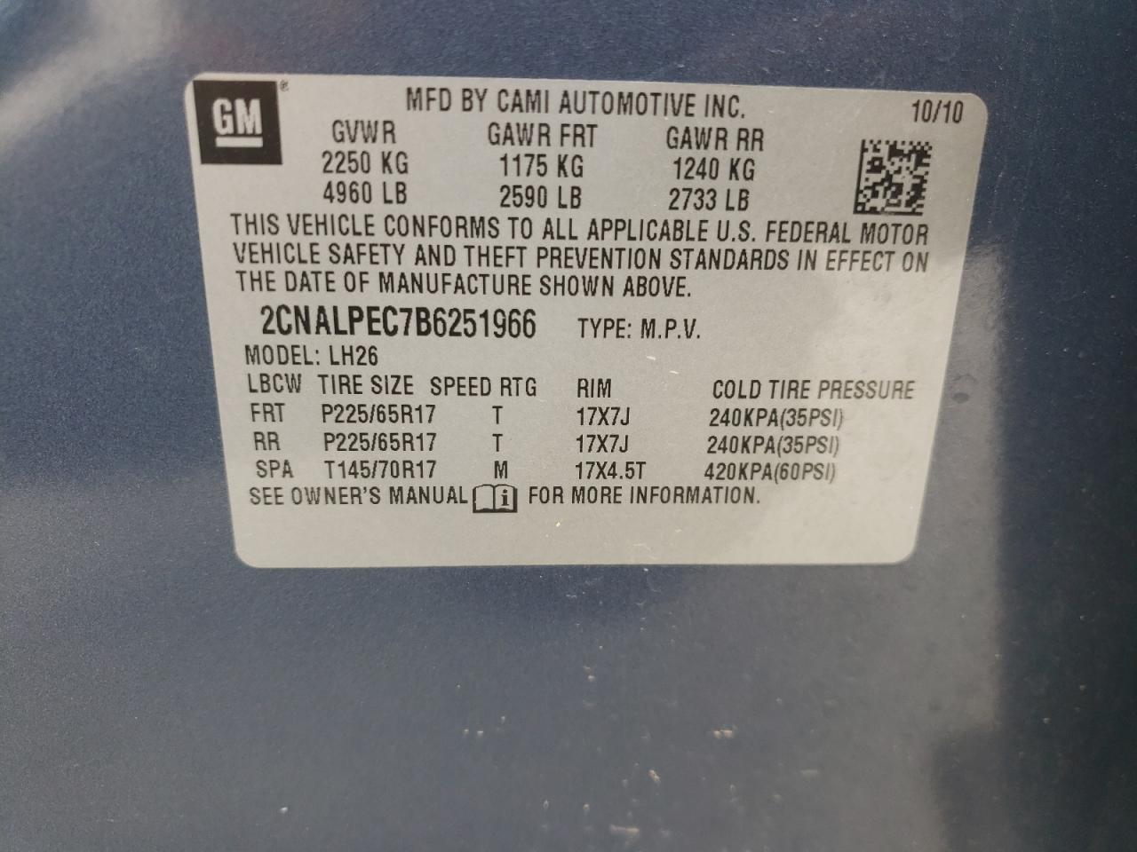 Photo 10 from auction – 2011 CHEVROLET EQUINOX LT with VIN 2CNALPEC7B6251966