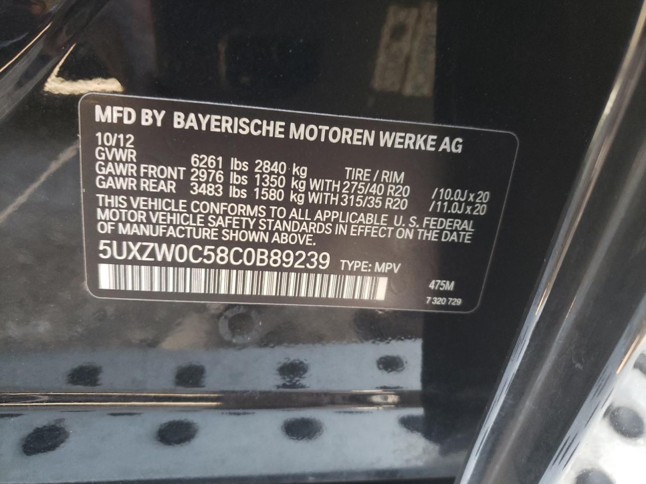 Photo 10 from auction – 2012 BMW X5 XDRIVE3 with VIN 5UXZW0C58C0B89239