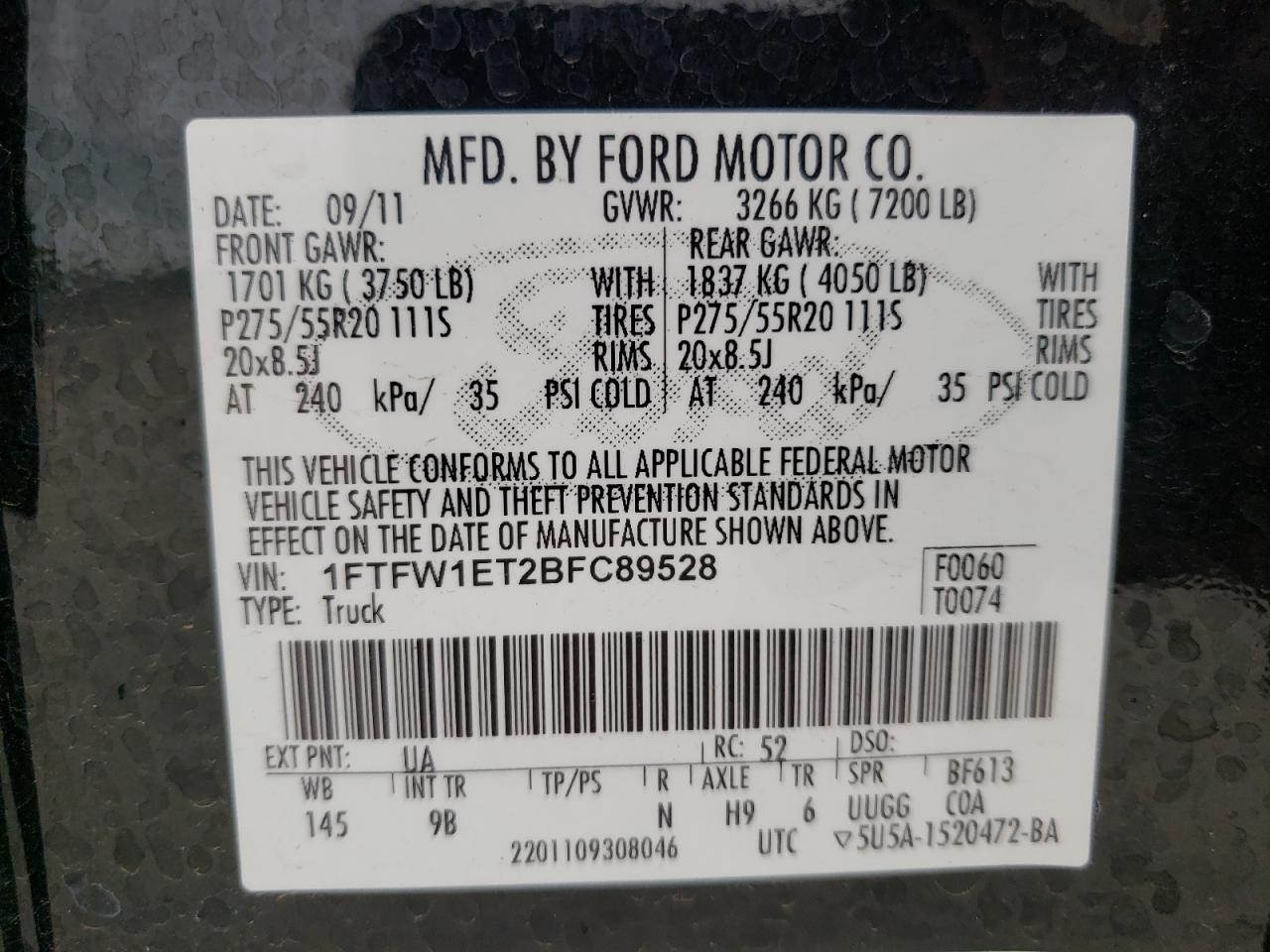 Photo 10 from auction – 2011 FORD F150 SUPER with VIN 1FTFW1ET2BFC89528
