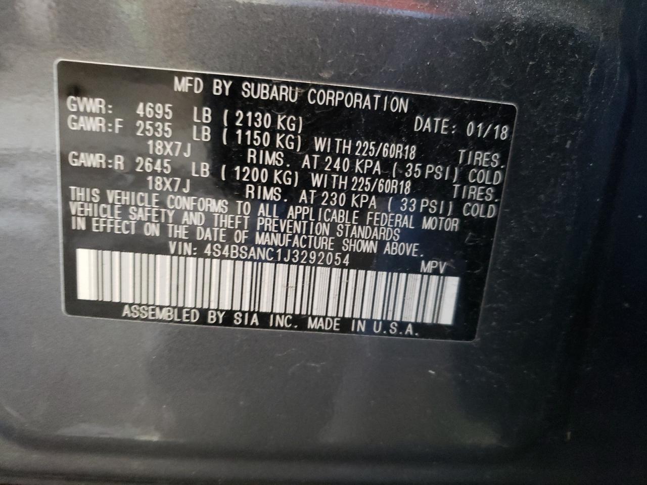 Photo 10 from auction – 2018 SUBARU OUTBACK 2. with VIN 4S4BSANC1J3292054