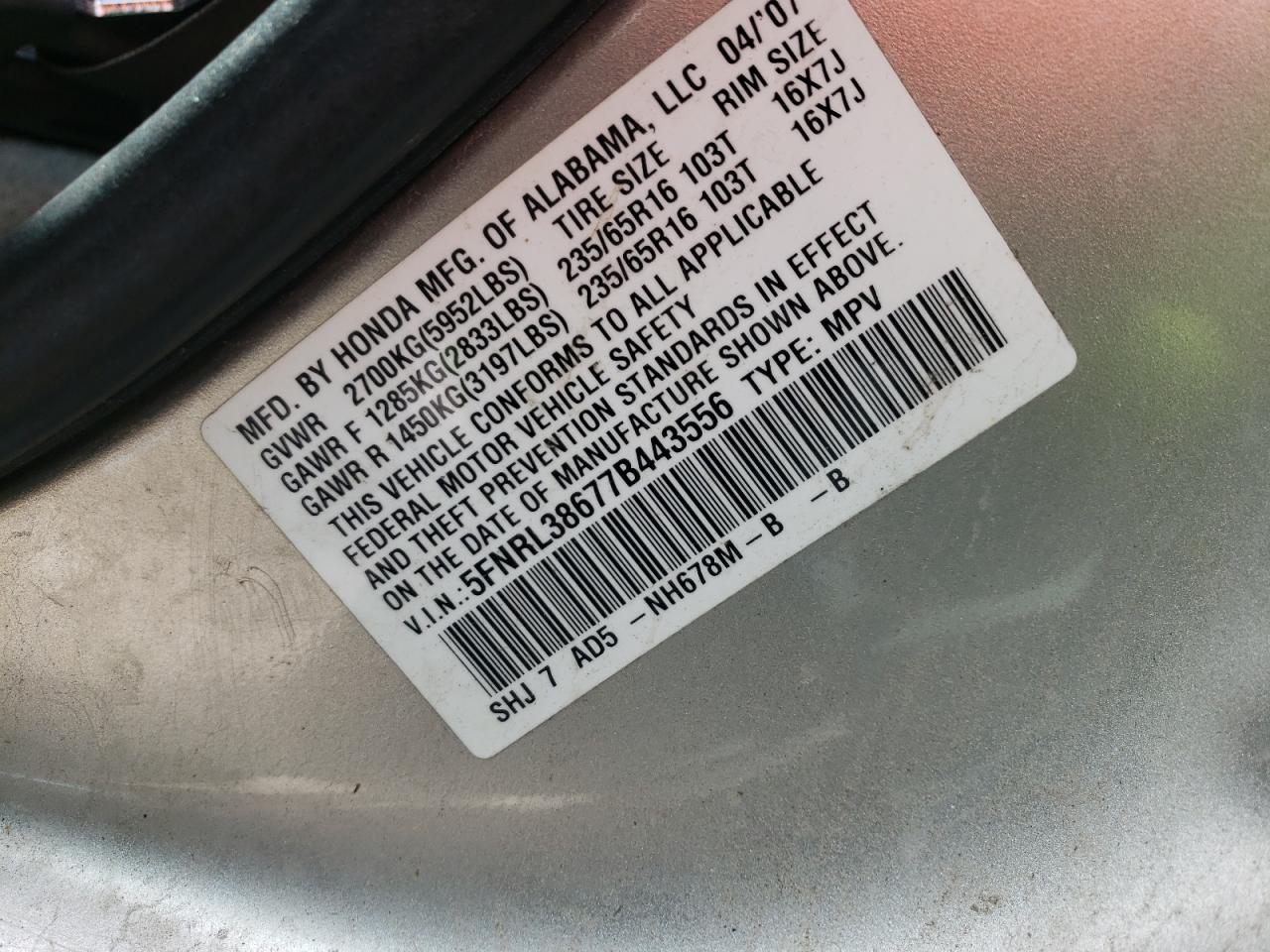 Photo 10 from auction – 2007 HONDA ODYSSEY EX with VIN 5FNRL38677B443556