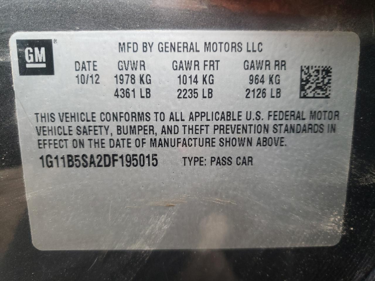 Photo 10 from auction – 2013 CHEVROLET MALIBU LS with VIN 1G11B5SA2DF195015