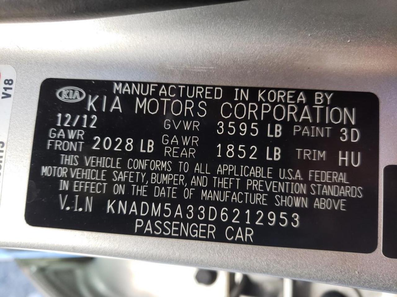 Photo 10 from auction – 2013 KIA RIO LX with VIN KNADM5A33D6212953