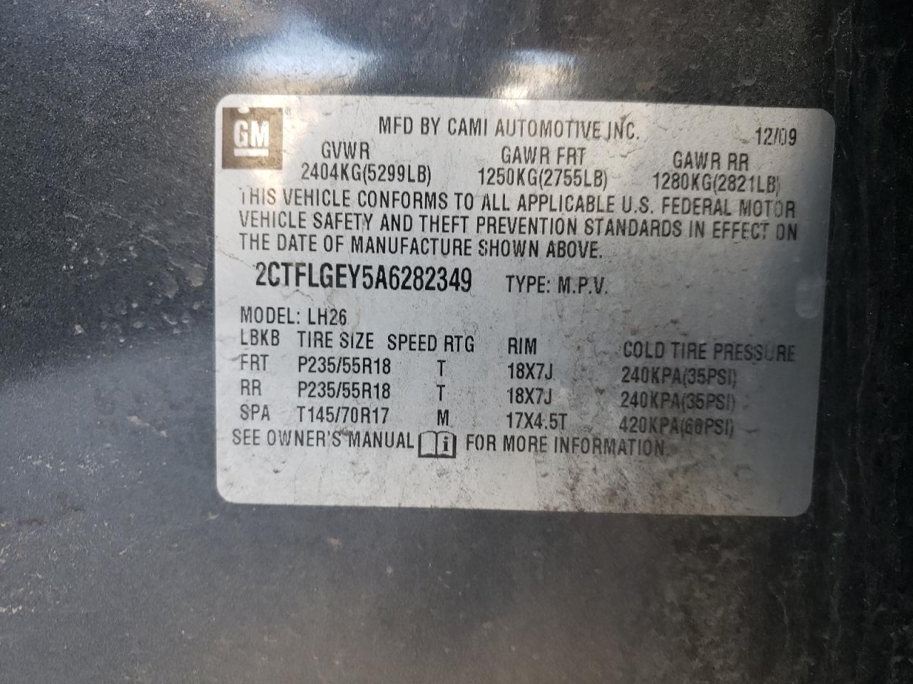 Photo 10 from auction – 2010 GMC TERRAIN SL with VIN 2CTFLGEY5A6282349