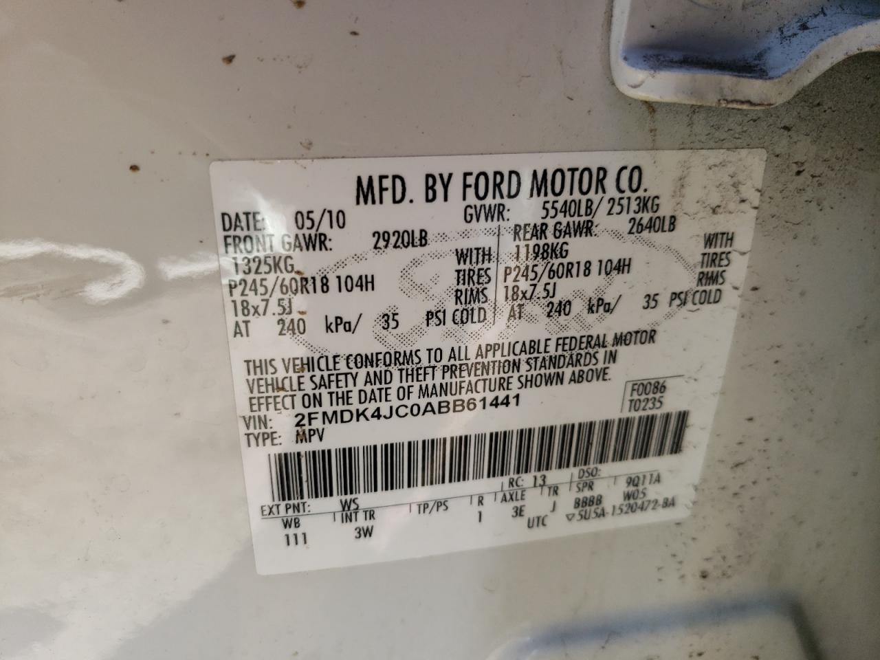 Photo 10 from auction – 2010 FORD EDGE SEL with VIN 2FMDK4JC0ABB61441