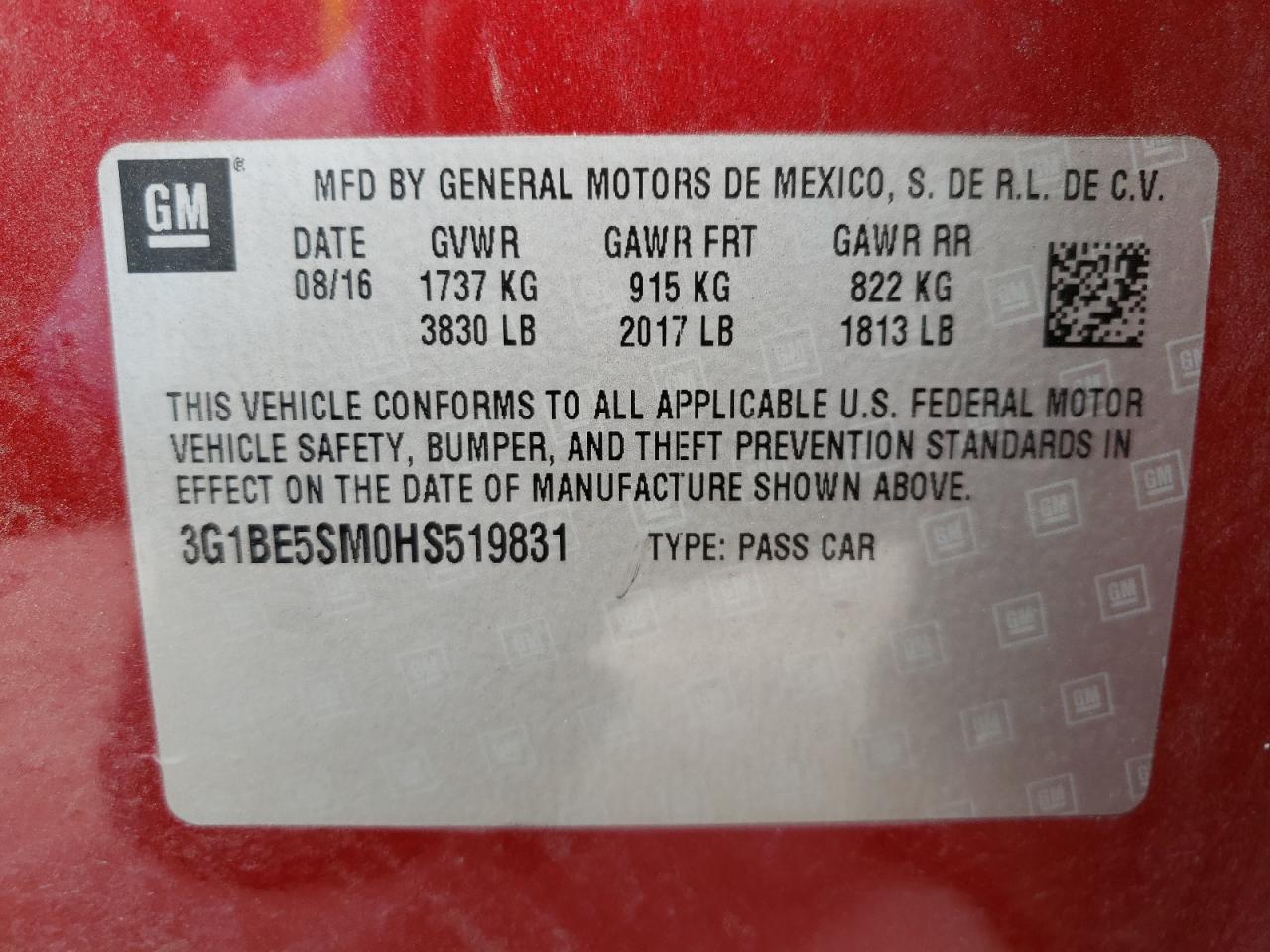 Photo 10 from auction – 2017 CHEVROLET CRUZE LT with VIN 3G1BE5SM0HS519831