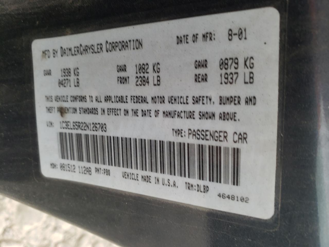 Photo 10 from auction – 2002 CHRYSLER SEBRING LI with VIN 1C3EL65R22N126703