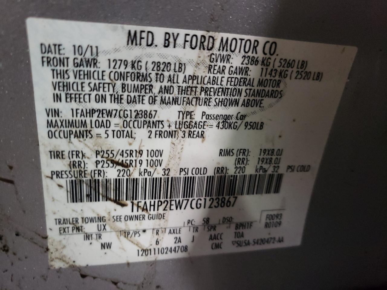 Photo 10 from auction – 2012 FORD TAURUS SEL with VIN 1FAHP2EW7CG123867