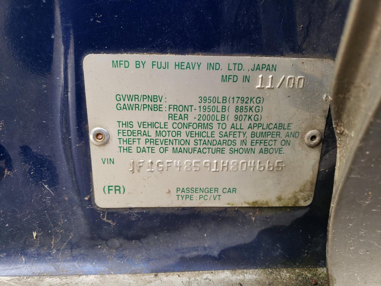 Photo 10 from auction – 2001 SUBARU IMPREZA OU with VIN JF1GF48591H804665