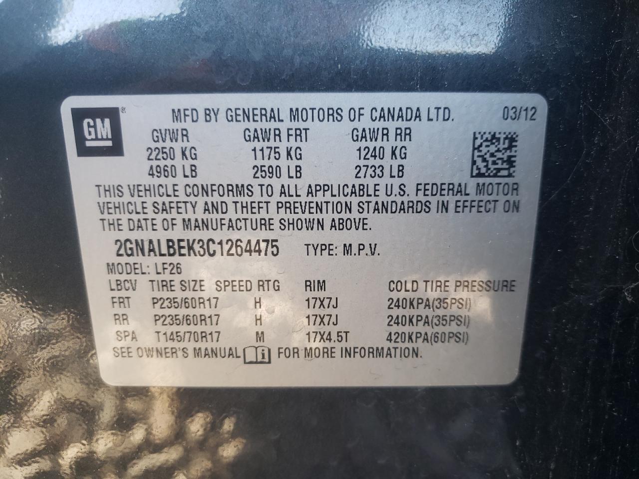 Photo 10 from auction – 2012 CHEVROLET EQUINOX LS with VIN 2GNALBEK3C1264475