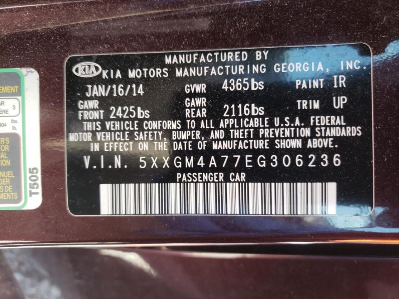 Photo 10 from auction – 2014 KIA OPTIMA LX with VIN 5XXGM4A77EG306236