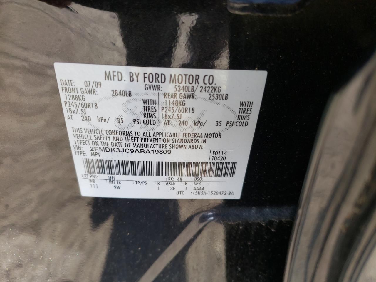 Photo 10 from auction – 2010 FORD EDGE SEL with VIN 2FMDK3JC9ABA19809