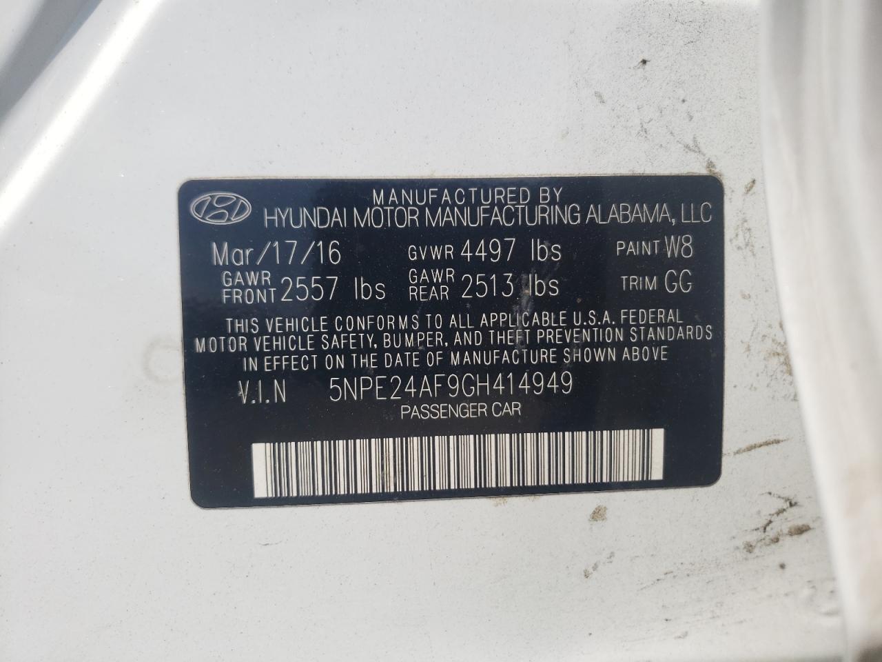 Photo 10 from auction – 2016 HYUNDAI SONATA SE with VIN 5NPE24AF9GH414949